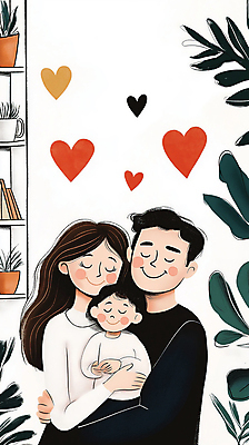 JPG 여자 남자 행복 아들 어린이 일러스트 포옹 엄마 실내 사랑 미소 웃음 소년 성인 세명 초록색 부모 하트 풀잎 아빠 국내일러스트 AI일러스트 AI콘텐츠 모양 감정 컬러 잎 가족 안기 표정 사람 내부 풀_식물 파일형식