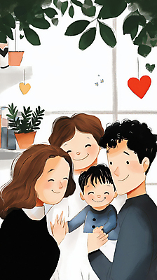 JPG 여자 남자 행복 아들 어린이 일러스트 포옹 엄마 실내 사랑 미소 웃음 소년 여러명 성인 초록색 부모 하트 풀잎 아빠 국내일러스트 AI일러스트 AI콘텐츠 모양 감정 컬러 다수 잎 가족 안기 표정 사람 내부 풀_식물 파일형식