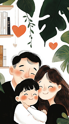 JPG 여자 남자 행복 아들 어린이 일러스트 포옹 엄마 실내 사랑 미소 웃음 소년 성인 세명 초록색 부모 하트 풀잎 아빠 국내일러스트 AI일러스트 AI콘텐츠 모양 감정 컬러 잎 가족 안기 표정 사람 내부 풀_식물 파일형식