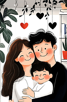 JPG 여자 남자 행복 아들 어린이 일러스트 포옹 엄마 실내 사랑 미소 웃음 소년 성인 세명 초록색 부모 하트 풀잎 아빠 국내일러스트 AI일러스트 AI콘텐츠 모양 감정 컬러 잎 가족 안기 표정 사람 내부 풀_식물 파일형식