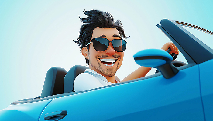 JPG 편집이미지 남자 교통수단 여행 휴가 휴식 한명 성인 파란색 선글라스 드라이브 운전 성인남자한명만 편집3D AI컴퓨터그래픽 AI콘텐츠 1 안경 컬러 교통 컨셉 모션 사람 3D 남자한명만 성인남자만 파일형식