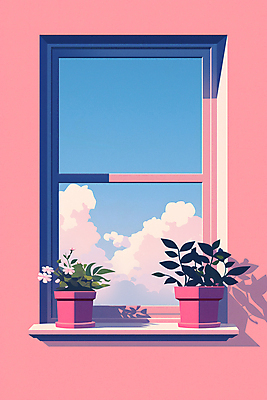 JPG 꽃 화분 화초 분홍색 일러스트 창문 자연 하늘 사람없음 인테리어 평화 맑음 국내일러스트 AI일러스트 AI콘텐츠 식물 디자인 컬러 컨셉 날씨 생태계 파일형식