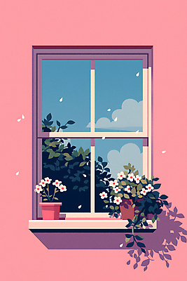JPG 꽃 화분 화초 분홍색 일러스트 창문 자연 하늘 사람없음 인테리어 평화 맑음 국내일러스트 AI일러스트 AI콘텐츠 식물 디자인 컬러 컨셉 날씨 생태계 파일형식