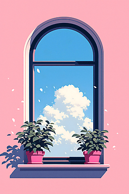 JPG 꽃 화분 화초 분홍색 일러스트 창문 자연 하늘 사람없음 인테리어 평화 맑음 국내일러스트 AI일러스트 AI콘텐츠 식물 디자인 컬러 컨셉 날씨 생태계 파일형식