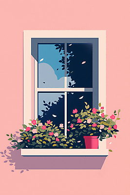 JPG 꽃 화분 화초 분홍색 일러스트 창문 자연 하늘 사람없음 인테리어 평화 맑음 국내일러스트 AI일러스트 AI콘텐츠 식물 디자인 컬러 컨셉 날씨 생태계 파일형식