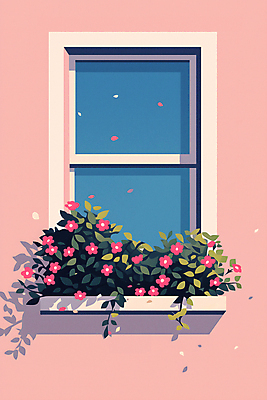 JPG 꽃 화초 분홍색 일러스트 창문 자연 하늘 사람없음 인테리어 평화 맑음 국내일러스트 AI일러스트 AI콘텐츠 식물 디자인 컬러 컨셉 날씨 생태계 파일형식