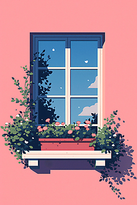 JPG 꽃 화분 화초 분홍색 일러스트 창문 자연 하늘 사람없음 인테리어 평화 맑음 국내일러스트 AI일러스트 AI콘텐츠 식물 디자인 컬러 컨셉 날씨 생태계 파일형식