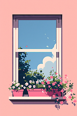 JPG 꽃 화분 화초 분홍색 일러스트 창문 자연 하늘 사람없음 인테리어 평화 맑음 국내일러스트 AI일러스트 AI콘텐츠 식물 디자인 컬러 컨셉 날씨 생태계 파일형식