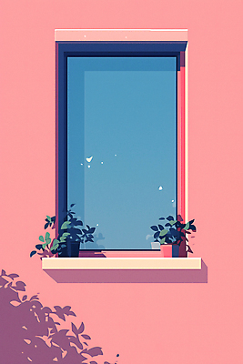 JPG 꽃 화분 화초 분홍색 일러스트 창문 자연 하늘 사람없음 인테리어 평화 맑음 국내일러스트 AI일러스트 AI콘텐츠 식물 디자인 컬러 컨셉 날씨 생태계 파일형식