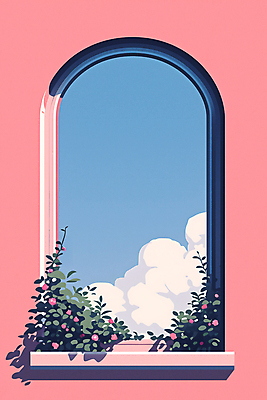 JPG 꽃 화초 분홍색 일러스트 창문 자연 하늘 사람없음 인테리어 평화 맑음 국내일러스트 AI일러스트 AI콘텐츠 식물 디자인 컬러 컨셉 날씨 생태계 파일형식