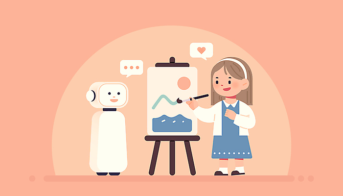 여자 교육 어린이 분홍색 말풍선 일러스트 미래 기술 미술 한명 소녀 붓 로봇 이젤 캔버스 학습도구 미래사회 창의력 소녀한명만 인터랙티브 상호작용 국내일러스트 AI파일 1 컬러 컨셉 문화예술 사람 미술도구 사회_공동체 교육용품 여자한명만 소녀만 파일형식 벡터