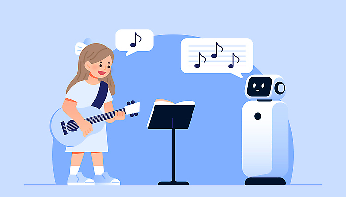 여자 교육 어린이 말풍선 일러스트 미래 기술 한명 소녀 파란색 기타 보면대 로봇 악보 학습도구 미래사회 창의력 소녀한명만 인터랙티브 상호작용 국내일러스트 AI파일 1 음악 컬러 컨셉 현악기 사람 사회_공동체 교육용품 여자한명만 소녀만 파일형식 벡터