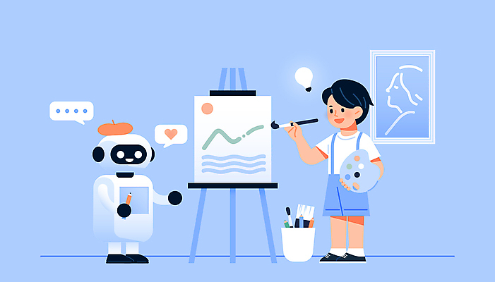 교육 남자 어린이 말풍선 일러스트 미래 기술 미술 한명 소년 파란색 붓 팔레트 로봇 이젤 캔버스 학습도구 미래사회 창의력 소년한명만 인터랙티브 상호작용 국내일러스트 AI파일 1 컬러 컨셉 문화예술 사람 미술도구 사회_공동체 교육용품 남자한명만 소년만 파일형식 벡터