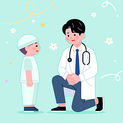 전신 캐릭터 남자 어린이 일러스트 청진기 친절 병원 대화 소년 성인 두명 환자 의사 의사가운 무릎꿇기 소아과 위로 돌봄 민트색 남자만 국내일러스트 일러캐릭터 AI파일 컬러 의학 의료기기 모션 말하기 사람 의료진 가운 파일형식 벡터