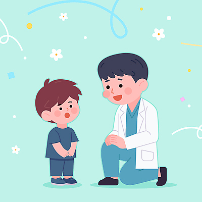 전신 캐릭터 남자 어린이 일러스트 친절 병원 대화 미소 성인 두명 환자 의사 의사가운 무릎꿇기 소아과 위로 돌봄 민트색 남자만 국내일러스트 일러캐릭터 AI파일 컬러 의학 모션 표정 말하기 사람 의료진 가운 파일형식 벡터