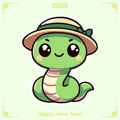 캐릭터 모자 행복 일러스트 새해 기념 웃음 사람없음 초록색 귀여움 뱀띠 뱀 뱀캐릭터 을사년 국내일러스트 일러캐릭터 AI파일 잡화 감정 컬러 동물캐릭터 컨셉 파충류 표정 십이지신 파일형식 벡터 2025년