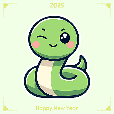 캐릭터 일러스트 새해 윙크 사람없음 초록색 귀여움 뱀띠 뱀 뱀캐릭터 을사년 국내일러스트 일러캐릭터 AI파일 컬러 동물캐릭터 컨셉 파충류 표정 십이지신 파일형식 벡터 2025년