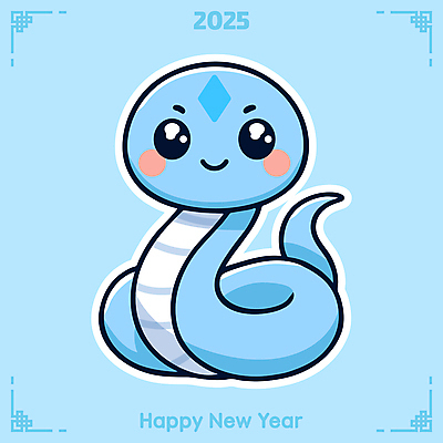 캐릭터 하늘색 일러스트 새해 미소 사람없음 귀여움 뱀띠 뱀 청사 을사년 국내일러스트 일러캐릭터 푸른뱀 푸른뱀캐릭터 AI파일 컨셉 파충류 표정 파란색 십이지신 뱀캐릭터 파일형식 벡터 2025년