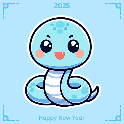 캐릭터 하늘색 일러스트 새해 웃음 사람없음 귀여움 뱀띠 뱀 청사 을사년 국내일러스트 일러캐릭터 푸른뱀 푸른뱀캐릭터 AI파일 컨셉 파충류 표정 파란색 십이지신 뱀캐릭터 파일형식 벡터 2025년