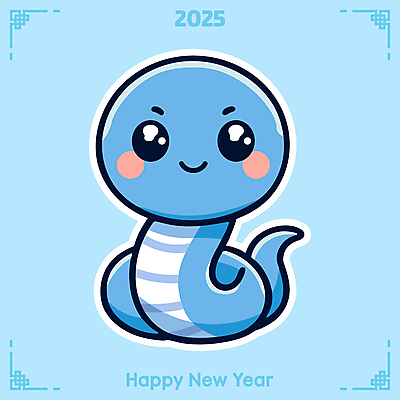 캐릭터 하늘색 일러스트 새해 미소 사람없음 귀여움 뱀띠 뱀 청사 을사년 국내일러스트 일러캐릭터 푸른뱀 푸른뱀캐릭터 AI파일 컨셉 파충류 표정 파란색 십이지신 뱀캐릭터 파일형식 벡터 2025년