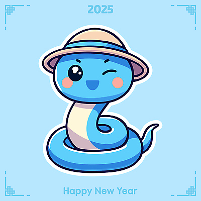 캐릭터 모자 하늘색 일러스트 새해 윙크 사람없음 귀여움 뱀띠 뱀 청사 을사년 국내일러스트 일러캐릭터 푸른뱀 푸른뱀캐릭터 AI파일 잡화 컨셉 파충류 표정 파란색 십이지신 뱀캐릭터 파일형식 벡터 2025년