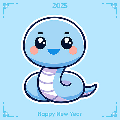 캐릭터 하늘색 일러스트 새해 미소 사람없음 귀여움 뱀띠 뱀 청사 을사년 국내일러스트 일러캐릭터 푸른뱀 푸른뱀캐릭터 AI파일 컨셉 파충류 표정 파란색 십이지신 뱀캐릭터 파일형식 벡터 2025년