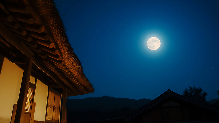 JPG 편집이미지 밤하늘 한국 초가집 사람없음 추석 보름달 시골 야간 고향 소원빌기 편집실사 AI포토 AI콘텐츠 자연요소 명절 아시아 하늘 한옥 달 CG 파일형식