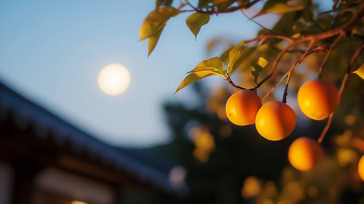 JPG 편집이미지 한국 초가집 감 사람없음 추석 보름달 시골 저녁 감나무 고향 소원빌기 편집실사 AI포토 AI콘텐츠 나무 명절 아시아 과일 한옥 달 야간 CG 파일형식