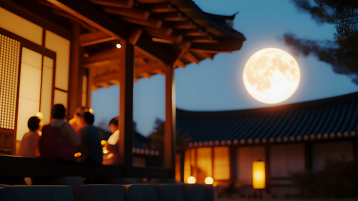 JPG 편집이미지 가족 한국 기와집 사람 여러명 성인 추석 모임 보름달 시골 야간 고향 소원빌기 성인만 편집실사 AI포토 AI콘텐츠 자연요소 명절 아시아 다수 관계 한옥 달 CG 파일형식