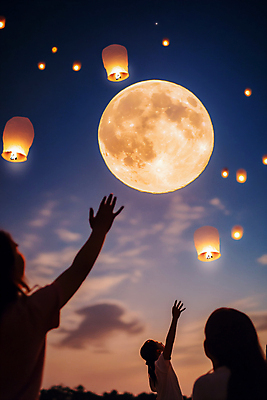 JPG 편집이미지 여자 밤하늘 한국 성인 세명 추석 보름달 시골 등불 야간 즐거움 고향 소원빌기 풍등 풍등날리기 성인여자만 편집실사 AI포토 AI콘텐츠 자연요소 명절 감정 아시아 하늘 조명 사람 달 CG 여자만 성인만 파일형식 풍등축제