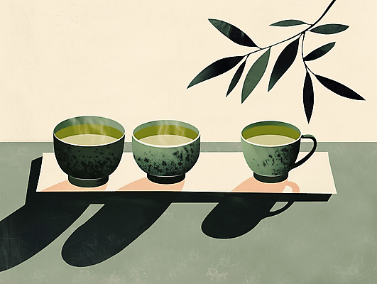 PSD 일러스트 주전자 나뭇잎 사람없음 초록색 평화 고요 찻잔 녹차 컵받침 받침대 찻잎 국내일러스트 컬러 컨셉 잎 주방용품 잔 차_음료 파일형식