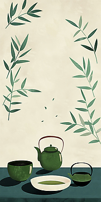 PSD 그릇 일러스트 주전자 나뭇잎 사람없음 초록색 평화 고요 찻잔 찻주전자 녹차 찻잎 국내일러스트 식기 컬러 컨셉 잎 주방용품 잔 차_음료 파일형식