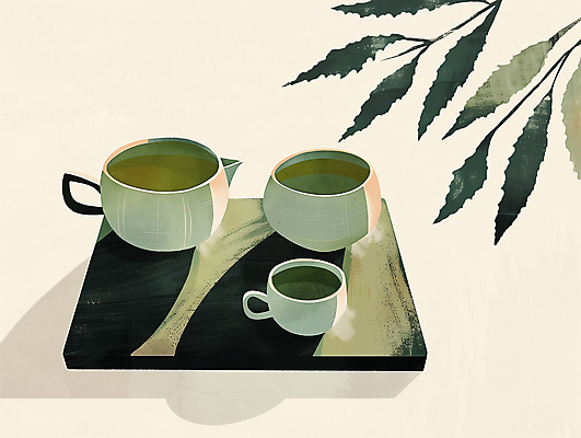 PSD 일러스트 나뭇잎 사람없음 초록색 평화 고요 찻잔 찻주전자 녹차 컵받침 받침대 찻잎 국내일러스트 컬러 컨셉 잎 주전자 잔 차_음료 파일형식