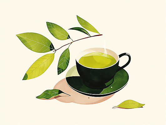 PSD 일러스트 나뭇잎 사람없음 초록색 평화 고요 연기 찻잔 녹차 컵받침 찻잎 국내일러스트 컬러 컨셉 잎 잔 차_음료 받침대 파일형식