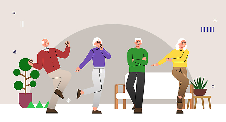 전신 여자 기념일 할아버지 노년 남자 화분 할머니 포즈 일러스트 여러명 소파 팔짱 회색 노인의날 다리들기 노인만 국내일러스트 AI파일 컬러 다수 의자 모션 사람 이벤트 성인 성인만 파일형식 벡터 법정기념일