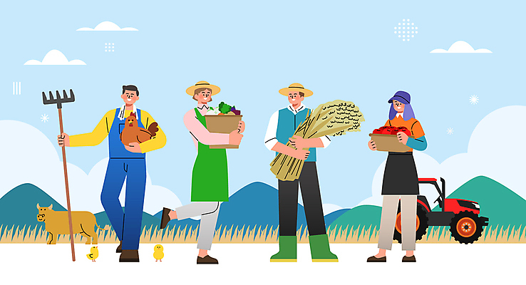전신 여자 기념일 남자 하늘색 채소 과일 일러스트 들기 여러명 성인 바구니 닭 소 농부 밀짚모자 트랙터 갈퀴 농업인의날 다리들기 성인만 국내일러스트 AI파일 직업 모자_잡화 다수 포유류 모션 조류 사람 이벤트 파란색 농기계 특수차량 파일형식 벡터