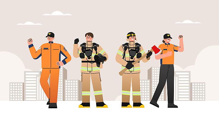 전신 여자 기념일 남자 일러스트 들기 빌딩 여러명 성인 건물 파이팅 소방관 구조원 도끼 119 구조대 베이지색 소방의날 성인만 방호복 국내일러스트 AI파일 직업 건축물 옷 컬러 다수 모션 사람 이벤트 구출 소방 전화번호 파일형식 벡터 법정기념일