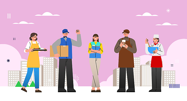 전신 여자 기념일 남자 분홍색 일러스트 서기 들기 빌딩 여러명 성인 건물 요리사 파이팅 택배기사 종업원 바리스타 택배상자 편의점 믹싱볼 성인만 소상공인의날 국내일러스트 AI파일 직업 그릇 건축물 컬러 다수 모션 사람 이벤트 상자 상점 배달원 택배 파일형식 벡터