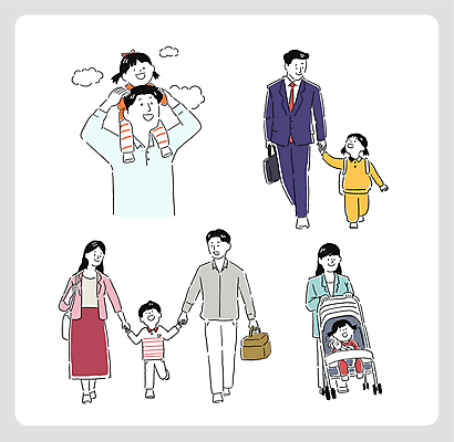 전신 부부 여자 남자 어린이 일러스트 가족 사랑 소녀 소년 여러명 성인 부모 소풍 걷기 손잡기 유치원 육아 아기 즐거움 등하교 유모차 돌봄 목마타기 육아휴직 국내일러스트 AI파일 커플 교육 감정 다수 관계 모션 휴가 사람 야외활동 아기용품 승차 파일형식 벡터