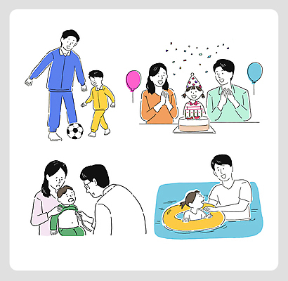 부부 여자 남자 어린이 일러스트 가족 물놀이 병원 사랑 소녀 소년 여러명 성인 부모 축구 수영 진료 육아 의사 축하 생일파티 생일케이크 박수 꽃가루 풍선 튜브 소아과 돌봄 육아휴직 국내일러스트 AI파일 커플 감정 다수 컨셉 의학 관계 모션 놀이 휴가 사람 손짓 구기 케이크 의료진 수상스포츠 생일 가루 파일형식 벡터
