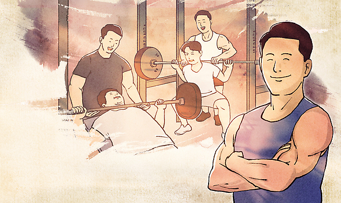 PSD 남자 일러스트 근육 붓터치 건강 미소 여러명 상반신 성인 취미 운동 헬스 헬스장 역기 트레이너 베이지색 성인남자만 국내일러스트 컬러 다수 표정 사람 남자만 성인만 파일형식