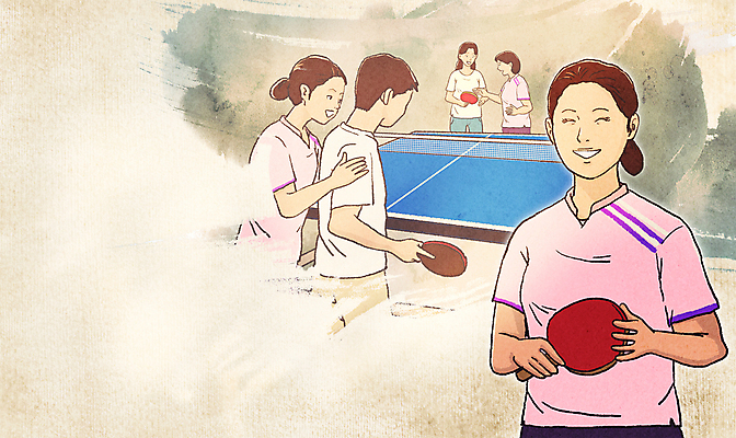 PSD 여자 남자 어린이 일러스트 붓터치 미소 경기 소년 여러명 상반신 성인 취미 강사 탁구채 가르침 탁구 탁구대 베이지색 수강 국내일러스트 직업 교육 스포츠 컬러 다수 표정 사람 구기 라켓 탁구용품 파일형식