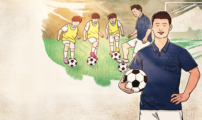 전신 PSD 교육 남자 어린이 허리손 일러스트 축구공 붓터치 미소 들기 소년 여러명 상반신 성인 강사 교사 축구 베이지색 남자만 국내일러스트 직업 컬러 포즈 다수 공 축구용품 모션 표정 사람 구기 파일형식