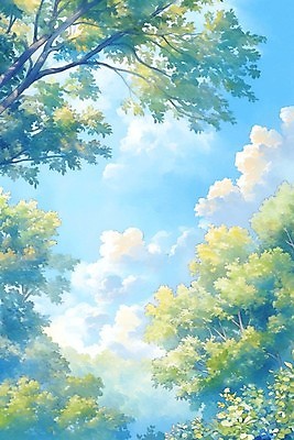 JPG 나무 구름 하늘색 일러스트 하늘 나뭇잎 수채화 사람없음 맑음 국내일러스트 AI일러스트 AI콘텐츠 자연요소 식물 잎 날씨 파란색 파일형식