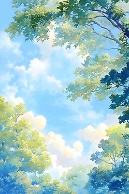 JPG 나무 구름 하늘색 일러스트 하늘 나뭇잎 수채화 사람없음 맑음 국내일러스트 AI일러스트 AI콘텐츠 자연요소 식물 잎 날씨 파란색 파일형식
