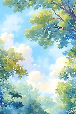 JPG 나무 구름 하늘색 일러스트 하늘 나뭇잎 수채화 사람없음 맑음 국내일러스트 AI일러스트 AI콘텐츠 자연요소 식물 잎 날씨 파란색 파일형식