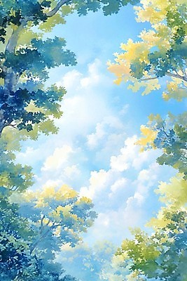 JPG 나무 구름 하늘색 일러스트 하늘 나뭇잎 수채화 사람없음 맑음 국내일러스트 AI일러스트 AI콘텐츠 자연요소 식물 잎 날씨 파란색 파일형식