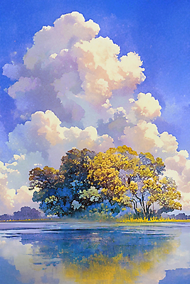 JPG 나무 구름 호수 일러스트 자연 하늘 풍경 사람없음 야외 반사 노을 일몰 오후 국내일러스트 AI일러스트 AI콘텐츠 자연요소 식물 생태계 파일형식