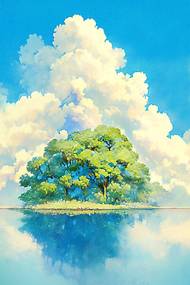JPG 나무 구름 호수 일러스트 자연 하늘 풍경 사람없음 야외 반사 국내일러스트 AI일러스트 AI콘텐츠 자연요소 식물 생태계 파일형식