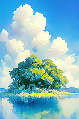 JPG 나무 구름 호수 일러스트 자연 하늘 풍경 사람없음 야외 반사 국내일러스트 AI일러스트 AI콘텐츠 자연요소 식물 생태계 파일형식